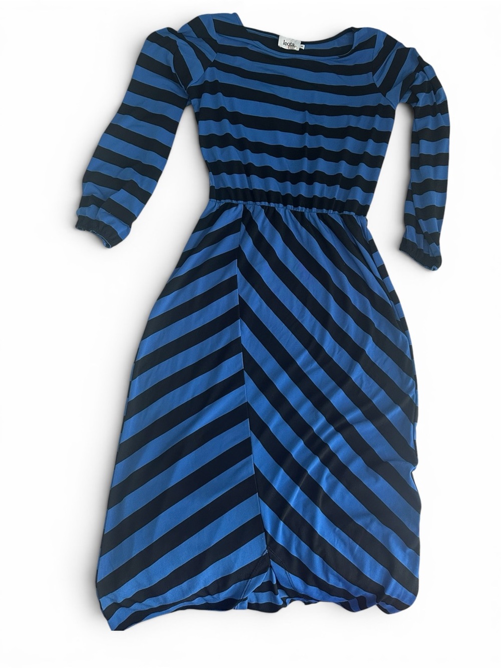 Leota “Tiana” Blue and Black Striped 3/4 Sleeve Midi Dress Sz Small